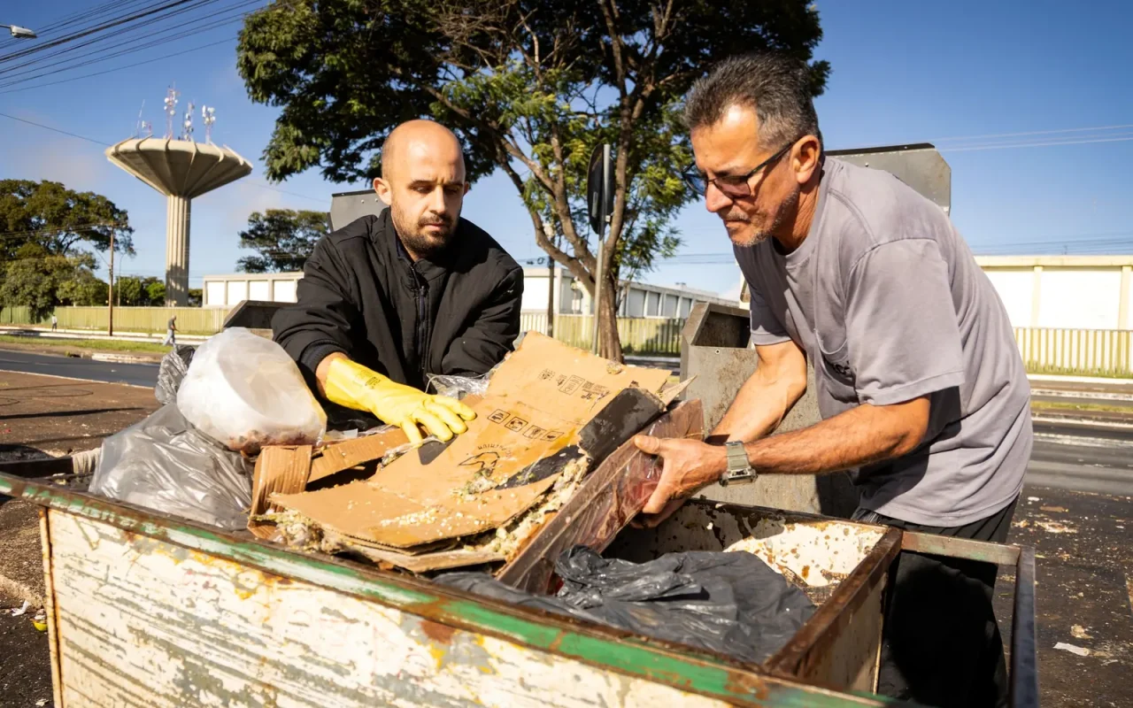 Trabalhadores separando papelão para reciclagem